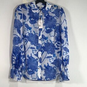 Milly Lacey Brushwork Floral Blouse, Women's Size S - Blue/White
